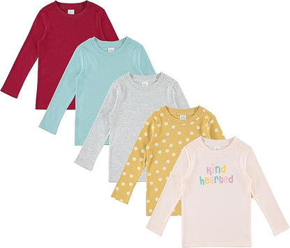 Cudlie 5-Pack Infant/Toddler Girl Long Sleeve Shirt - Basic Baby Tees, Blouses, Tops - Solid Print & Ruffled Tshirts