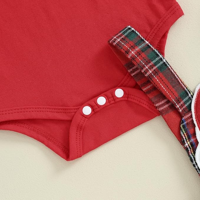 Hnyenmcko Newborn Baby Girl Christmas Clothes Infant Red Plaid Romper Dress Ruffle Long Sleeve Ribbed Bodysuit Headband Set