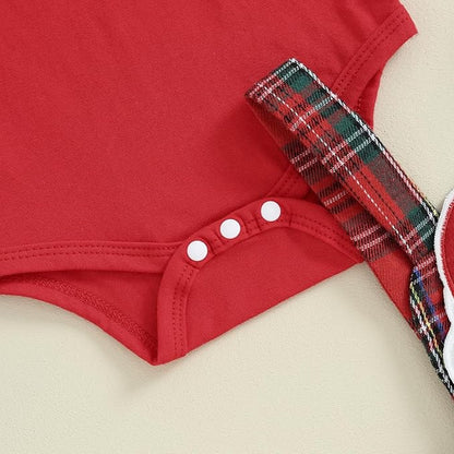 Hnyenmcko Newborn Baby Girl Christmas Clothes Infant Red Plaid Romper Dress Ruffle Long Sleeve Ribbed Bodysuit Headband Set