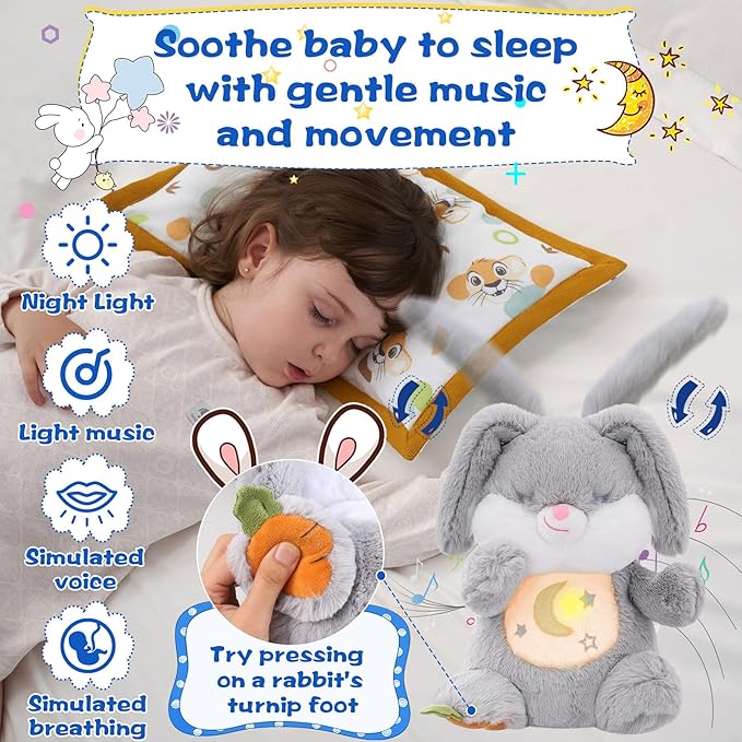 MIAODAM Breathing Stuffed Animal Bunny Plush, Anxiety Relief Plush Toy with Realistic Breathing Motion and Lighted Music Perfect for Babies and Kids