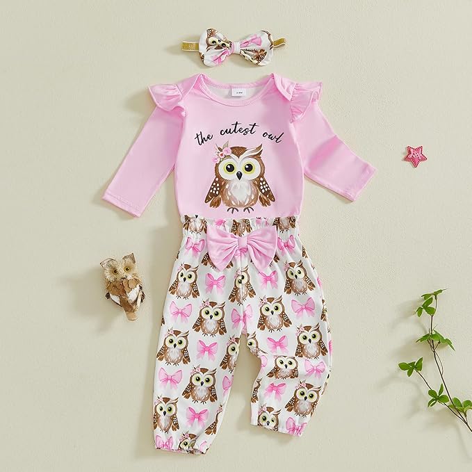Newborn Baby Girl Clothes Owl Ruffle Long Sleeve Romper Onesie and Casual Pants Winter Spring Outfit Clothing Set