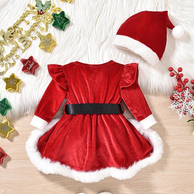 Newborn Infant Baby Girl Christmas Clothes Santa Claus Romper Dress Fur Trim Velvet Jumpsuit Bodysuit Hat Costume