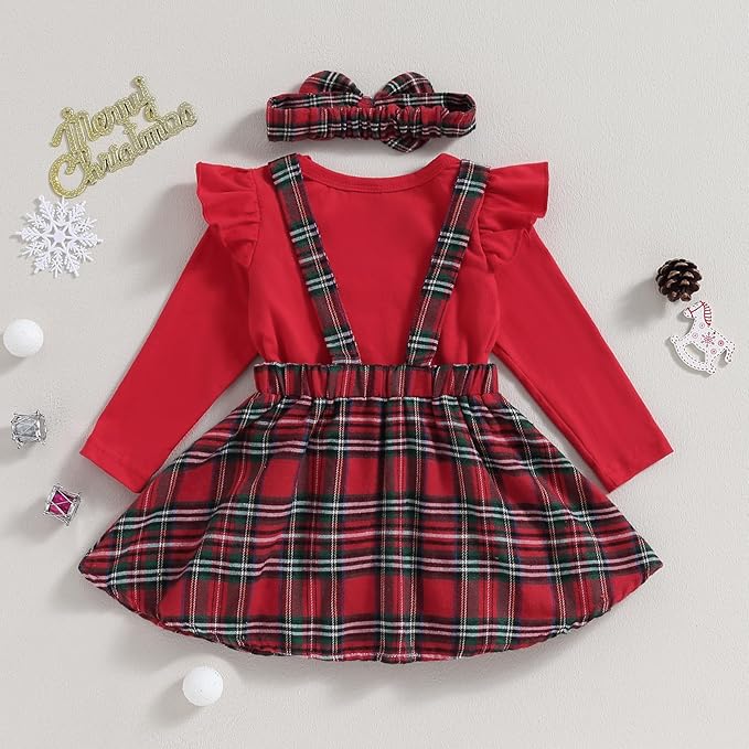 Hnyenmcko Newborn Baby Girl Christmas Clothes Infant Red Plaid Romper Dress Ruffle Long Sleeve Ribbed Bodysuit Headband Set