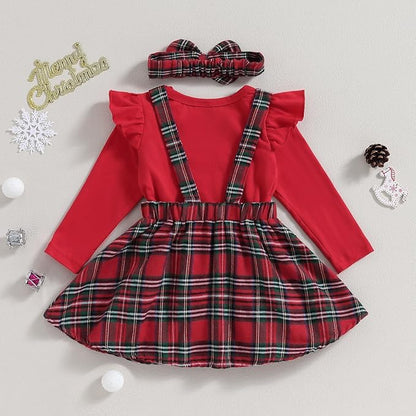 Hnyenmcko Newborn Baby Girl Christmas Clothes Infant Red Plaid Romper Dress Ruffle Long Sleeve Ribbed Bodysuit Headband Set