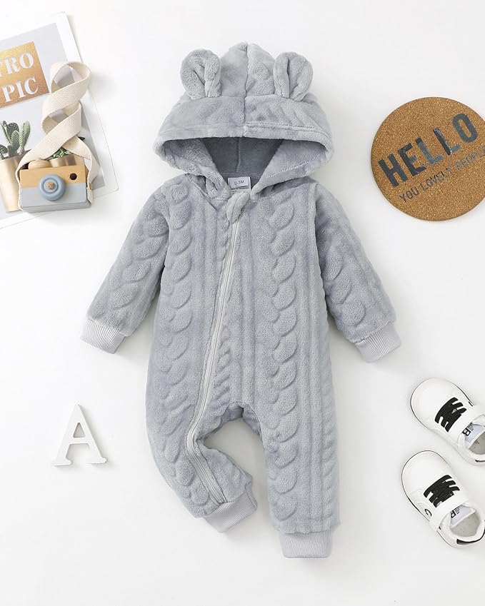 Saeaby Newborn Baby Girl Boy Clothes Fall Winter Infant Long Sleeve Fleece Jumpsuit Romper Hooded Baby Snowsuit Bear Outfit