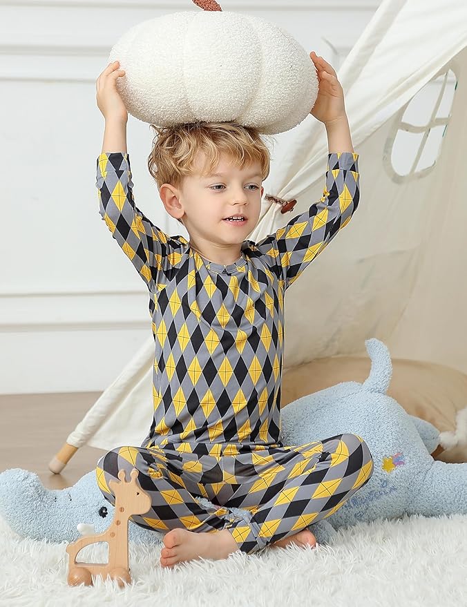 JunNeng Bamboo Viscose Pajamas for Toddler Boys, Baby Kids Diamond Pajamas Snug Fit Long Sleeve Sleeper