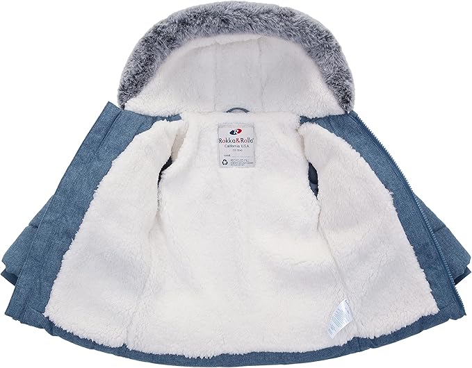 Rokka&Rolla Baby Boys' Sherpa Lined Puffer Jacket Warm Winter Coat with Mini Fur Trim Hood for Newborn Infants Toddler