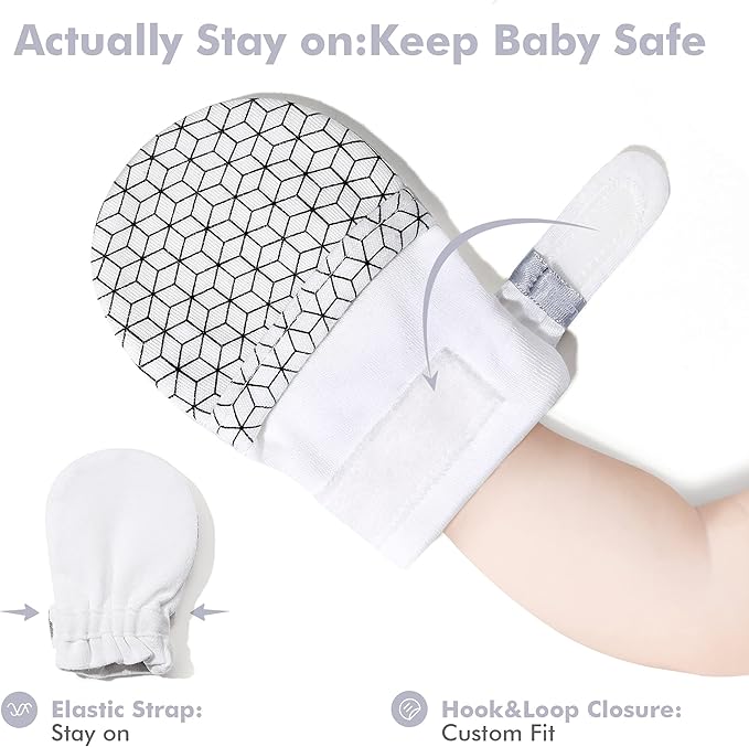 HAPIU Baby No Scratch Mittens Stay On, 100% Cotton Breathable, Adjustable Infant Gloves for Boys Girls, Newborn - 12 M