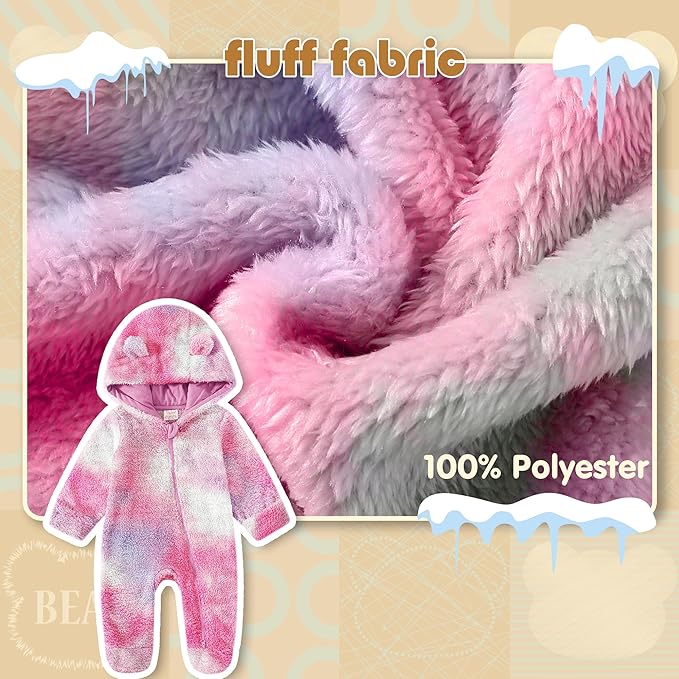 Jimonda Baby Tie Dye Snowsuit Winter Fleece Jumpsuit 0-18 Months, 100% Polyester Hooded Romper with Bear Ears for Infant