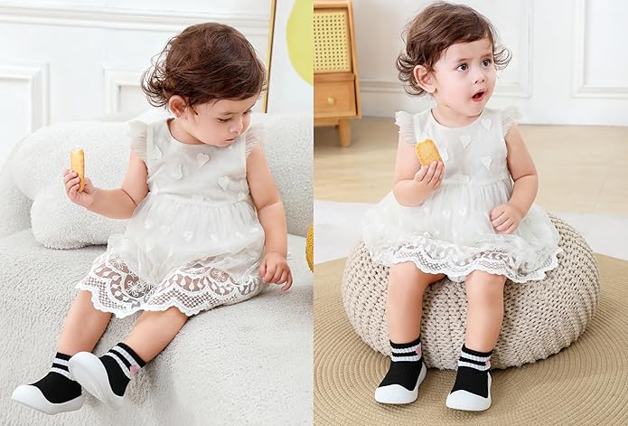 Baby Sock Shoes Toddler Walking Slippers Non-Slip Breathable Stripes Shoes with Soft Rubber Sole for Infant Boys Girls Slip On Sneakers