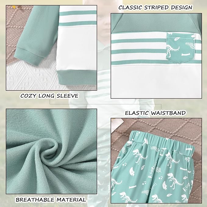 Baby Boys Dinosaur Long Sleeve Hoodie Tops Sweatsuit Pants Winter Outfit Set