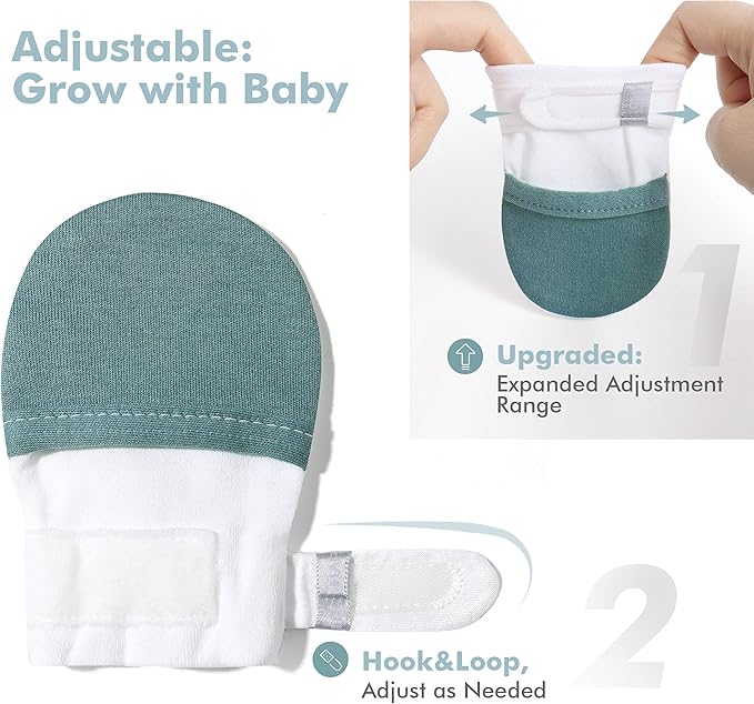 HAPIU Baby No Scratch Mittens Stay On, 100% Cotton Breathable, Adjustable Infant Gloves for Boys Girls, Newborn - 12 M