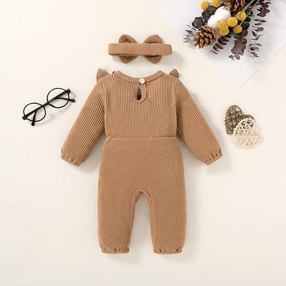 Happy Town Baby Girl Romper Infant Fall Winter Clothes Ruffle Sweater Long Sleeve Bodysuit Jumpsuit and Headband