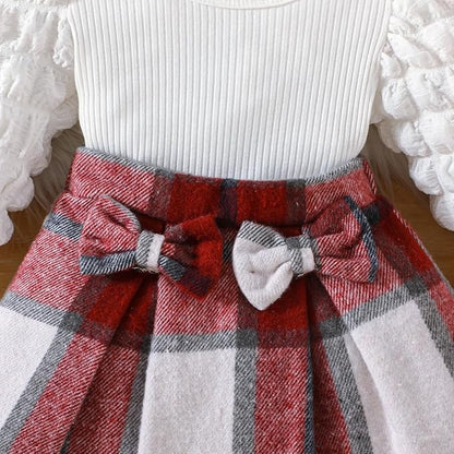 Toddler Baby Girl Plaid Dress Puff Sleeve Bow Patchwork Ribbed Shirts Dress Plaid Fall Winter Outfits with Headband