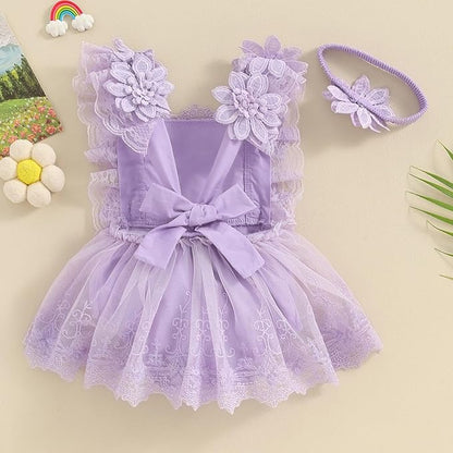 Infant Baby Girl Lace Romper Baby Tulle Dress Romper Flowers Bodysuit Spring Summer Festival Clothes with Headband