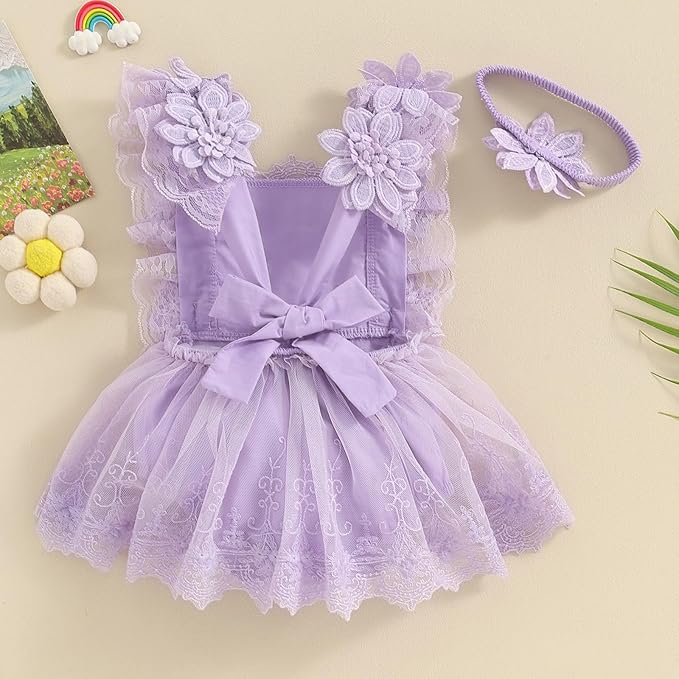 Infant Baby Girl Lace Romper Baby Tulle Dress Romper Flowers Bodysuit Spring Summer Festival Clothes with Headband