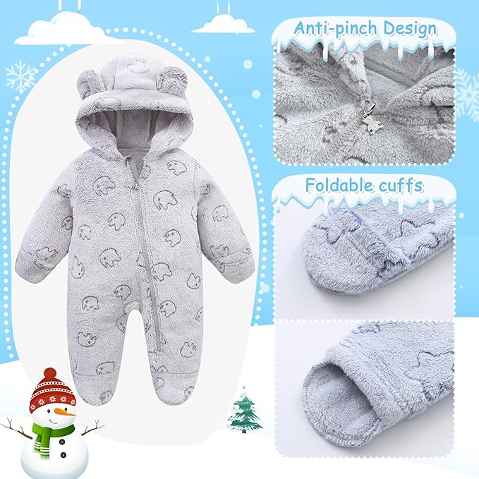 Fairy Baby Newborn Baby Bear Onesie Thin Fleece Footie Romper Snowsuit Hooded Jumpsuit Bodysuit Winter Outwear Boy Girl 0-12M