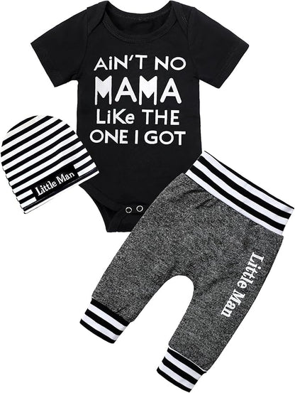 Fommy Newborn Baby Boy Clothes New to The Crew Letter Print Romper+ Pants+Hat 3PCS Outfit