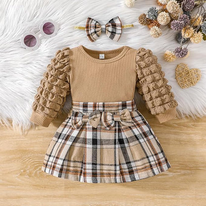 Toddler Baby Girl Plaid Dress Puff Sleeve Bow Patchwork Ribbed Shirts Dress Plaid Fall Winter Outfits with Headband