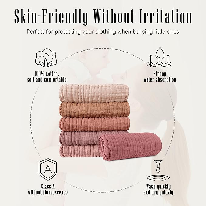 SWEET DOLPHIN 12 Pack Muslin Burp Cloths Large 100% Cotton Burping Clothes for Baby Drool - Absorbent and Soft Boys & Girls Milk Spit Up Rags for Newborn Essentials Registry - Muted Terracotta