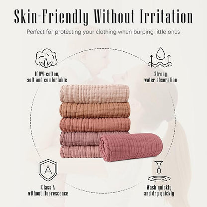 SWEET DOLPHIN 12 Pack Muslin Burp Cloths Large 100% Cotton Burping Clothes for Baby Drool - Absorbent and Soft Boys & Girls Milk Spit Up Rags for Newborn Essentials Registry - Muted Terracotta