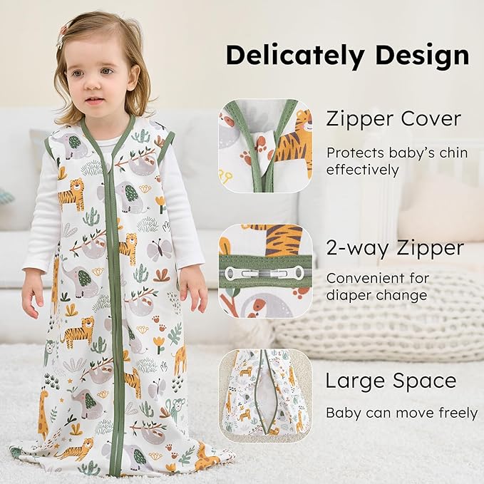 Baby Sleep Sack 6-12 months, 100% Cotton Sleeping Sack for Newborn and Infant, 3 Pack Baby Wearable Blanket for Boy and Girl, 0.5 Tog Lightweight Double Zipper Sleep Bag Green Brown Giraffe