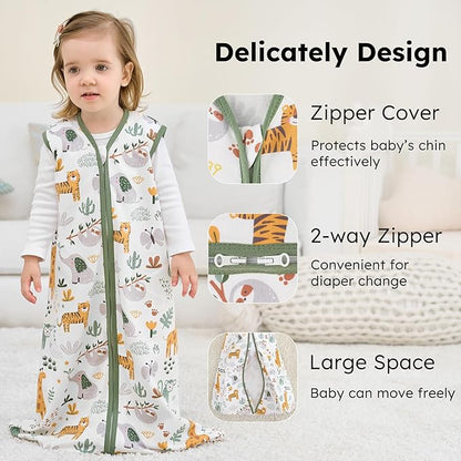 Baby Sleep Sack 6-12 months, 100% Cotton Sleeping Sack for Newborn and Infant, 3 Pack Baby Wearable Blanket for Boy and Girl, 0.5 Tog Lightweight Double Zipper Sleep Bag Green Brown Giraffe