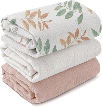 Muslin Swaddle Blankets for Newborn, 3 Pack Breathable Soft Receiving Blanket, Large 38 x 40 inches Swaddle Wrap Burping Clothes Diapers, Essentials Infant Shower Items, Toddler Gift (Gentle Colors)