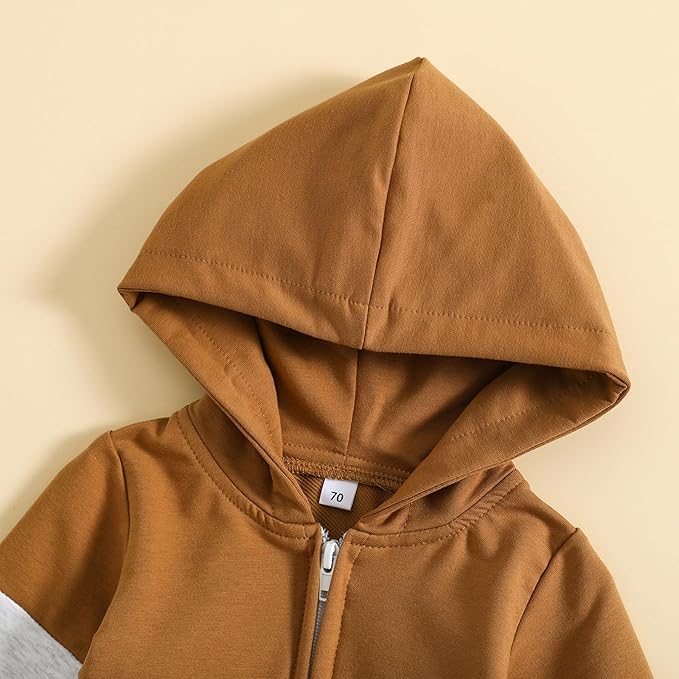 Newborn Baby Boy Fall Outfit Romper Long Sleeve Hooded Contrast Color Zipper Onesie Jumpsuit Bodysuit Infant Clothes