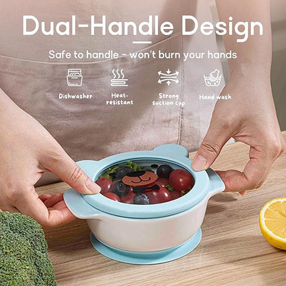 Ceramic Suction Bowl for Babies and Toddlers, Non-Slip Silicone Suction Cup, BPA-Free Lids, Independent feeding, First Stage Self Feeding Essential, Led Weaning Snack Feeder BLUE