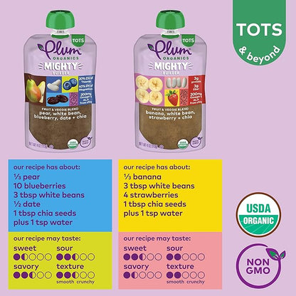Plum Organics Variety Pack, 12+ Months - Mighty Builder Organic Fruit and Veggie Blend Toddler Food Pouches - 4 oz Pouch (Pack of 8)