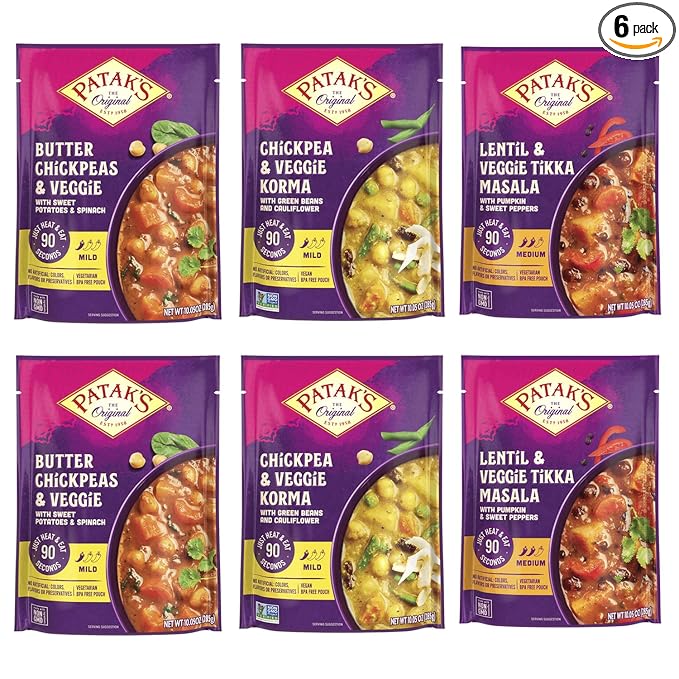 Patak's Ready-to-Eat Meals Variety Pack - Butter Chickpeas & Veggies, Chickpea & Veggie Korma, Lentil & Veggie Tikka Masala - Microwave Meals for Quick Dinners or Lunch - Serve w/ Rice or Naan - 10.5oz (Pack of 6 Total: 2 of Each Meal)