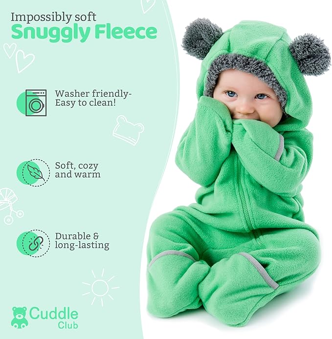 Cuddle Club Fleece Baby Bunting Bodysuit with Hood, Convertible Mittens & Booties, Car Seat Friendly, Soft & Warm, Easy Zip