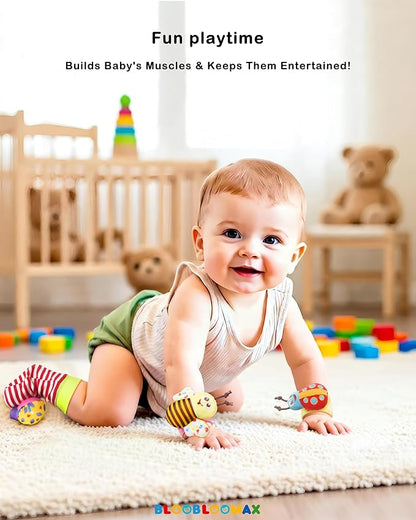 Bloobloomax Soft Baby Rattle Wrist Rattle Foot Finder Socks Set,Cotton and Plush Stuffed Infant Toys,Birthday Holiday Birth Present Gift for Newborn Boy Girl Kids Toddler (8pcs-B Set)