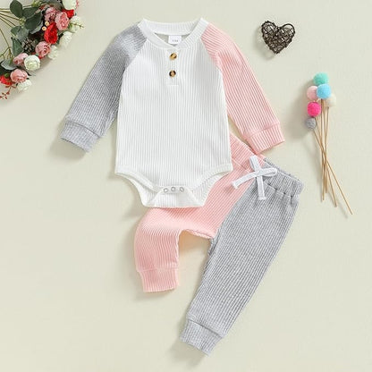 Thorn Tree Newborn Infant Baby Girl Clothes Ribbed Knitted Long Sleeve Romper Long Pants Stretchy Fall Outfits
