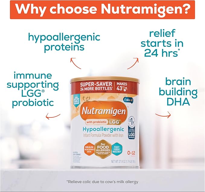 Enfamil Nutramigen Hypoallergenic Baby Formula with Iron, Lactose Free, Colic Relief from Cow's Milk Allergy Starts in 24 Hours, Brain Building DHA, Probiotic LGG for Immune Support, 27.8 Oz, 4 Count