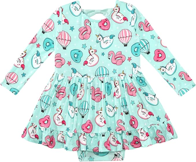 Baby Girl Bodysuit Dress Long Sleeve Twirl Dresses Bamboo Viscose Clothes with Snaps for Easy Diaper Changes