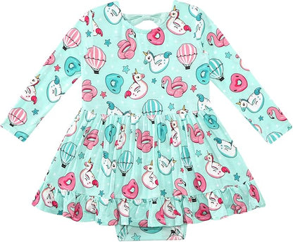 Baby Girl Bodysuit Dress Long Sleeve Twirl Dresses Bamboo Viscose Clothes with Snaps for Easy Diaper Changes