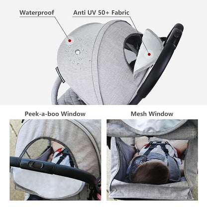 Beberoad Love R2 Small Travel Stroller Compact Strollers Foldable Lightweight Baby Stroller for Airplane, Infant with Adjustable Backrest, Cup Holder and Waterproof Canopy, Gray