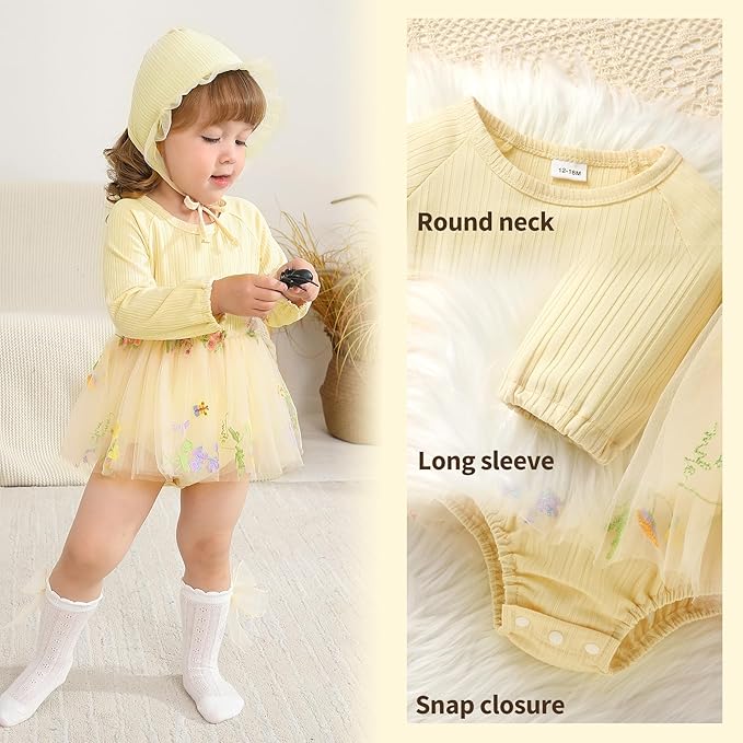 YOUNGER TREE Newborn Baby Girl Romper Dress Outfits Long Sleeve Floral Tutu Bodysuit with Leggings Hat Infant Fall Clothes