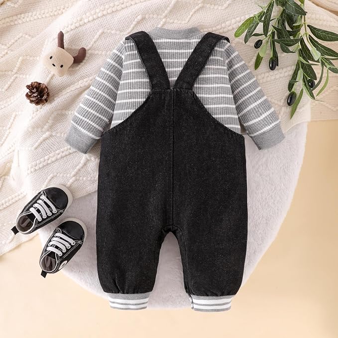 Baby Boy Clothes Fall Winter Outfits Long Sleeve Striped Romper Cute Cartoon Jeans Overalls Pants Set 0-18 Months