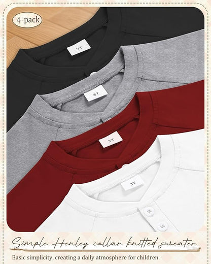 4 Pack Boys' Long Sleeve Shirts Girls' Henley Tees Toddler Baby Knit Casual Tops Kids Fall Clothes Unisex