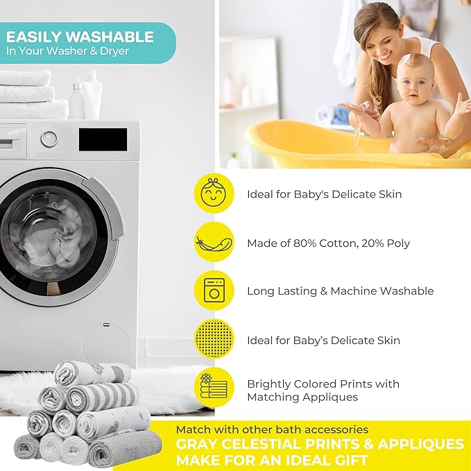 Spasilk 20-Piece Washcloth Set for Newborn Boys and Girls, Soft Terry Baby Washcloths, Baby Essentials, Gray Celestial