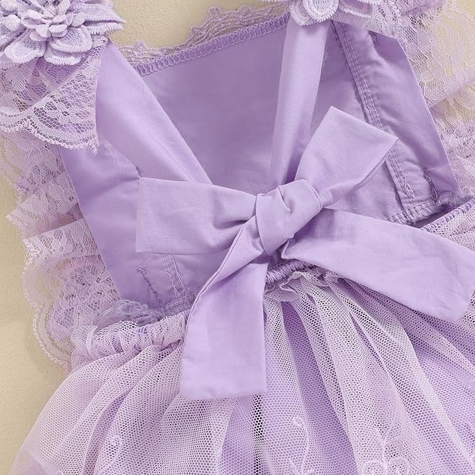 Infant Baby Girl Lace Romper Baby Tulle Dress Romper Flowers Bodysuit Spring Summer Festival Clothes with Headband
