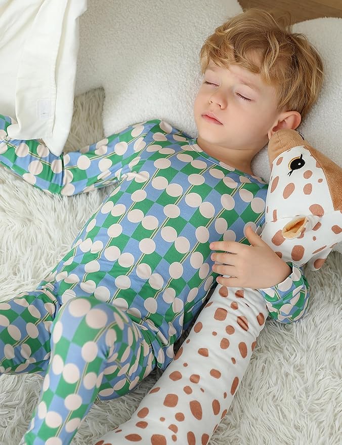 JunNeng Bamboo Viscose Pajamas for Toddler Boys, Baby Kids Diamond Pajamas Snug Fit Long Sleeve Sleeper