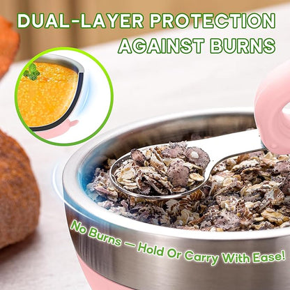 Suction Bowl and Spoon Set for Babies and Toddlers Non-Slip Silicone Suction Cups, Advanced 304 Stainless Steel Bowls, Double-Layer Insulation, and BPA-Free Lids Food-Grade Safety PINK