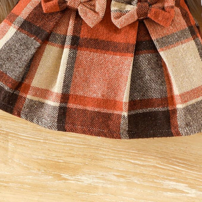 Toddler Baby Girl Plaid Dress Puff Sleeve Bow Patchwork Ribbed Shirts Dress Plaid Fall Winter Outfits with Headband