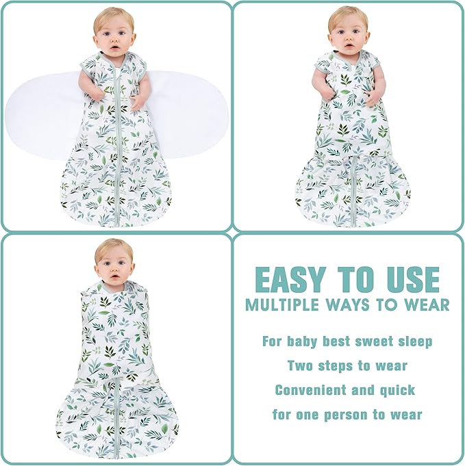 Newborn Sleep Sack Baby Swaddle,Swaddle me 3-6 Month,3-Way Adjustable Wearable Blanket,100% Rayon Cotton Swaddling Sleeping Bag，TOG 0.5 (Leaf, 3-6 Months)