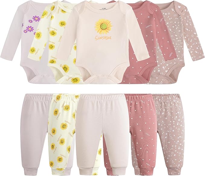 Baby Newborn Layette 10-Piece Clothing Sets Soft Cotton Bodysuits Pants Sets for Baby Boys Girls Toddler Unisex
