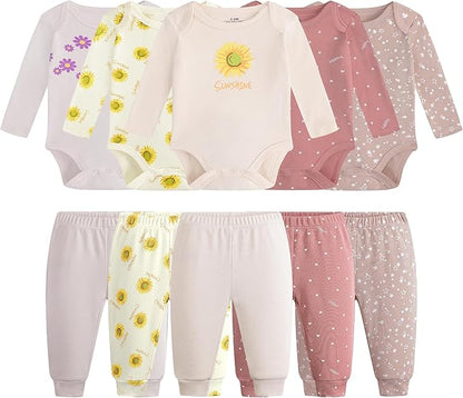 Baby Newborn Layette 10-Piece Clothing Sets Soft Cotton Bodysuits Pants Sets for Baby Boys Girls Toddler Unisex